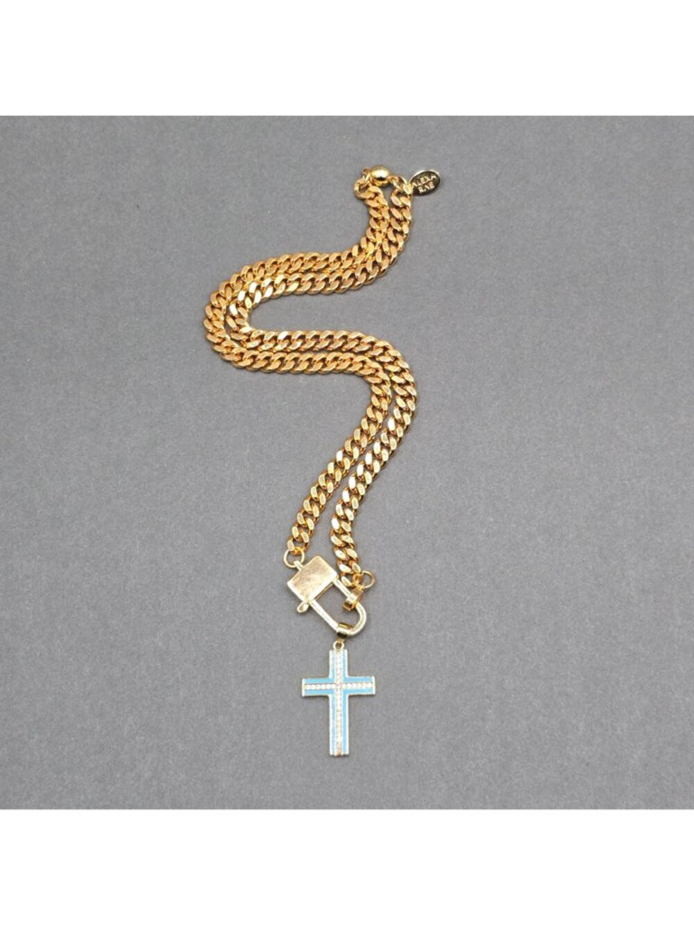 Melania Clara Wendy Necklace Blue Enamel Cross Pendant Gold Plated Curb Chain 16 - Picture 10 of 16